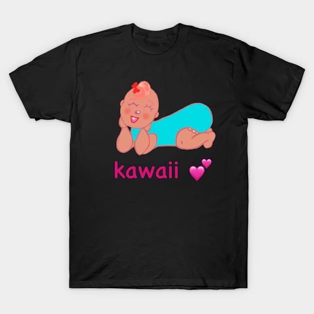 Cute Kawaii baby with the word kawaii and pink hearts T-Shirt by Artonmytee